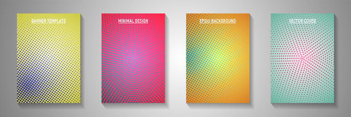 Creative circle perforated halftone cover page templates vector batch. Geometric magazine faded