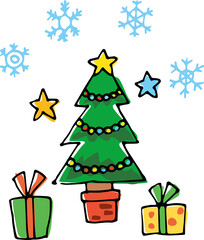 手描きのクリスマスツリーとプレゼントのかわいい手描き