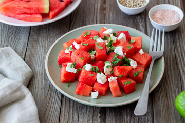 Salad with watermelon, white cheese and mint. Healthy eating. Vegetarian food.