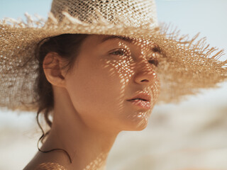 Beach Woman in Sun Hat on Vacation