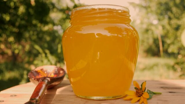 A jar of fresh golden honey on a wooden table in the garden. Nearby is a wooden spoon. Panorama