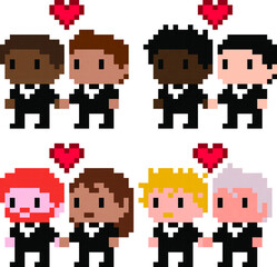 Pixel couples of diverse men in love getting married - vector, isolated