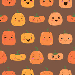 Vector seamless pattern cute pumpkins pattern on brown background halloween decoration 