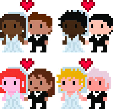 Pixel couples of diverse men and women getting married - vector, isolated