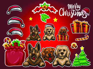 set of Christmas elements sticker dogs animals set