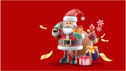 Santa Claus gives presents surrounded by gift boxes on red background.Design for christmas illustration.