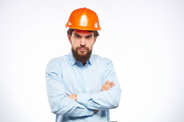 bearded man documents in hand and drawings protective uniform
