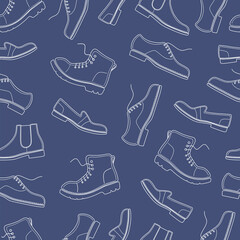 Shoe, boot, footwear color seamless pattern. Background. Handmade shoe, footwear. Shoe store. Bootmaker, shoemaker, cobbler. Shoes atelier, workshop. Shoemaking. Flat vector illustration. Isolated    