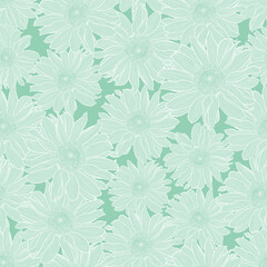Vector seamless pattern of chamomile flowers in light green pastel colors with white outline. Decorative print for wallpaper, wrapping, textile, fashion fabric or other printable covers.