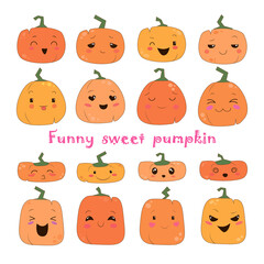 Vector pumpkin emoji set halloween flat style clipart  pumpkin collection