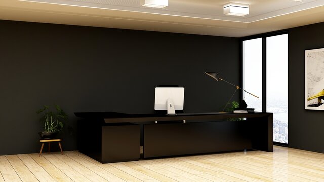 Business Office Work From Home Desk Setup In 3d Render Design Interior For Company Logo Mockup