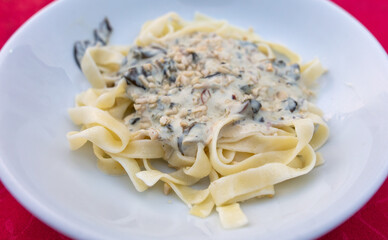 Italian pasta on a white plate.
