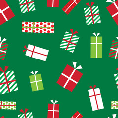 Seamless Christmas gift box on green background