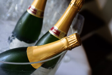closeup of Champagne in wine chiller with defocusses champagne glasses and black background