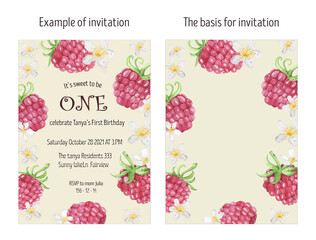 Raspberry Birthday Invitation card watercolor. Berry Sweet Birthday. First Birthday Invitation. Berry Party Invite. Cute Raspberry Party Invitation for Girls