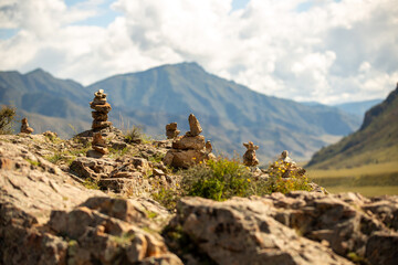 ritual pyramids made of stones by the people of the mountains in memory of their ancestors mountain...