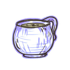 Felt pen food Element in the style of line art wedding theme on a white background. Doodle and scribble purple appetizing cup of coffee. Design Elements for wedding day