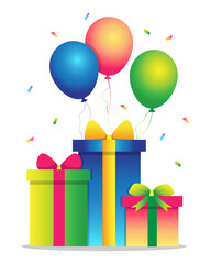 Gift boxes with balloons and confetti. Vector illustration