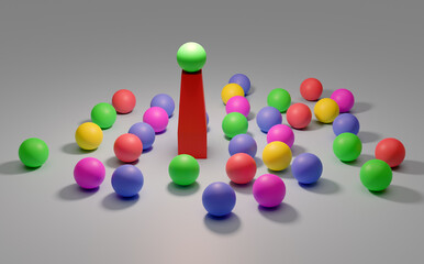 Leadership. Conceptual image of a leader and subordinates. Business teamwork. Balloons.