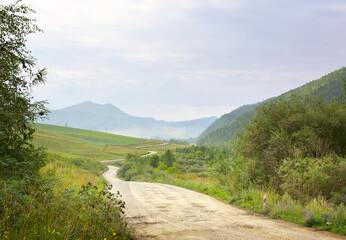 Fototapeta na wymiar A winding empty road in the Altai Mountains