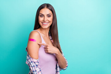 Profile photo of nice millennial brunette lady point hand wear purple shirt isolated on cyan color background