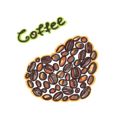 Felt pen food Element in the style of line art wedding theme on a white background. Doodle and scribble four brown heart made of coffee beans. Design floral Elements for wedding day. Green lettering