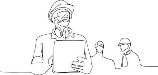 Minimal outline concep. Continuous one line drawing of business building industry technology and people concept smiling builder in hardhat. 