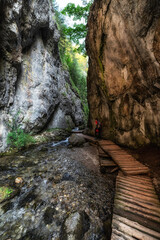 Hiker on walking trail in rocky canyon. Prosiecka valley in Slovakia