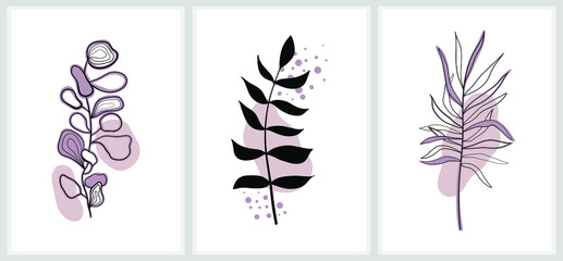 Fototapeta na wymiar A SET OF VECTOR ILLUSTRATIONS WITH NATURAL ELEMENTS, CARDS WITH FLOWERS AND LEAVES, BRANCHES AND GRASS, ABSTRACT DRAWING BY HAND ONE LINE ON A BACKGROUND OF COLORED SPOTS