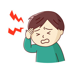 激しい痛みでこめかみを押さえる男性