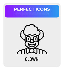 Funny clown for kids party thin line icon. Modern vector illustration, logo for entertainment show.