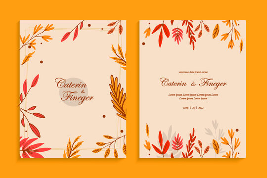 Autum vintage style beautiful line art floral wedding card invitation