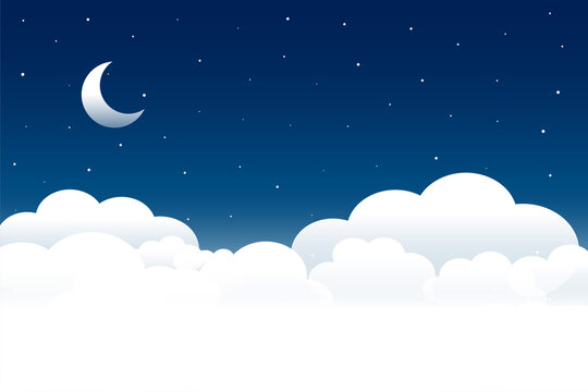 fluffy clouds night scene with moon and stars