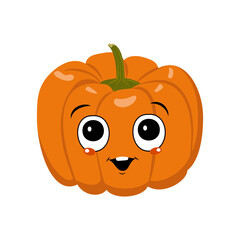 Cute pumpkin character with joy emotions, face, big eyes and wide happy smile. Festive decoration for Halloween. Mischievous vegetable hero