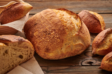 Homemade tartine bread on wooden table