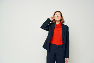 woman with glasses official documents work light background