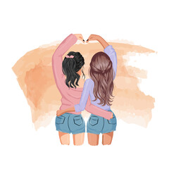 Girl best friend doing heart pose with their hands. Flat vector design - obrazy, fototapety, plakaty