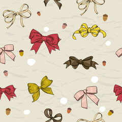 Semless texture with vintage bows autumn stile and acorns.