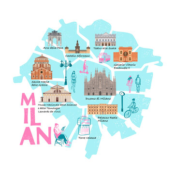 Milan map, buildings of world famous places. Italy. Cartoon doodle art for design. Traditional symbols full color vector illustration. © AngArt