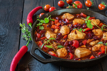 Tex mex chicken stew with vegetables and beans in a cast iron pan on wooden table