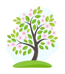 Vector flat illustration of spring blooming tree with leaves