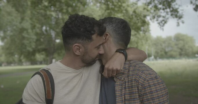 Adult male couple kissing in a park