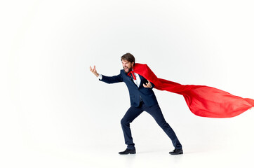 business man in suit red cloak power superhero city defense