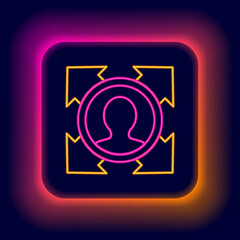 Glowing neon line Head hunting icon isolated on black background. Business target or Employment sign. Human resource and recruitment for business. Colorful outline concept. Vector