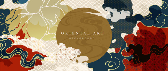 Oriental background vector. Chinese and Japanese pattern oriental line art with golden line art texture. Wallpaper design with Mount Fuji , sun, Cherry blossoms flower , Ocean and wave.