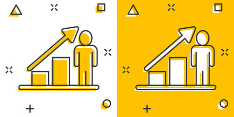 People with growth arrow icon in comic style. Work strategy cartoon vector illustration on white isolated background. Office training splash effect business concept.