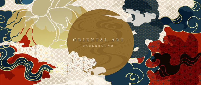Oriental style background vector. Chinese and Japanese pattern oriental line art with golden line art texture. Wallpaper design with Mount Fuji , sun, Cherry blossoms flower , Ocean and wave.