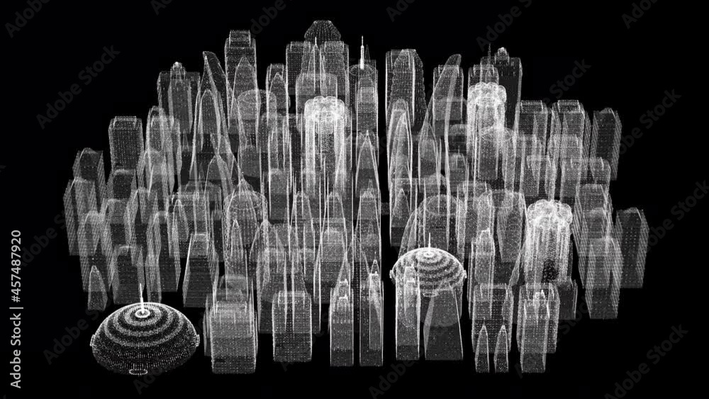 Aufkleber Futuristic 3d rendering of rotating holographic city digitally generated image virtual reality matrix particles simulation in cyber space background environment for head up display screen