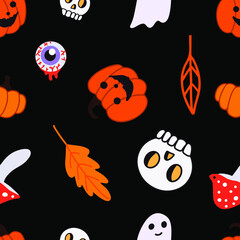 Seamless pattern halloween pumpkin skull ghost isolated on black. For card, textile, fabric, wallpaper, paper design