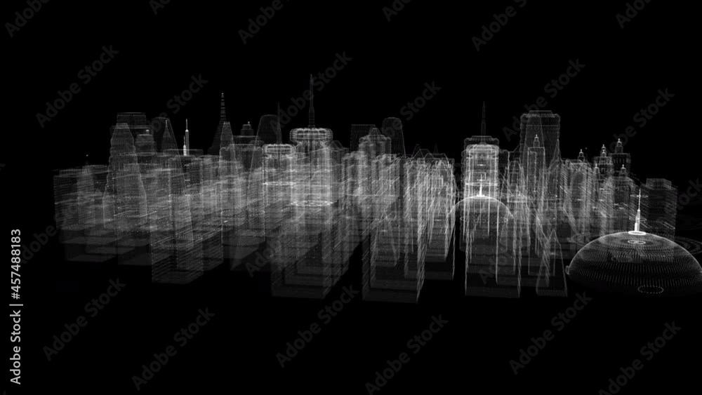 Aufkleber Futuristic 3d rendering of rotating holographic city digitally generated image virtual reality matrix particles simulation in cyber space background environment for head up display screen